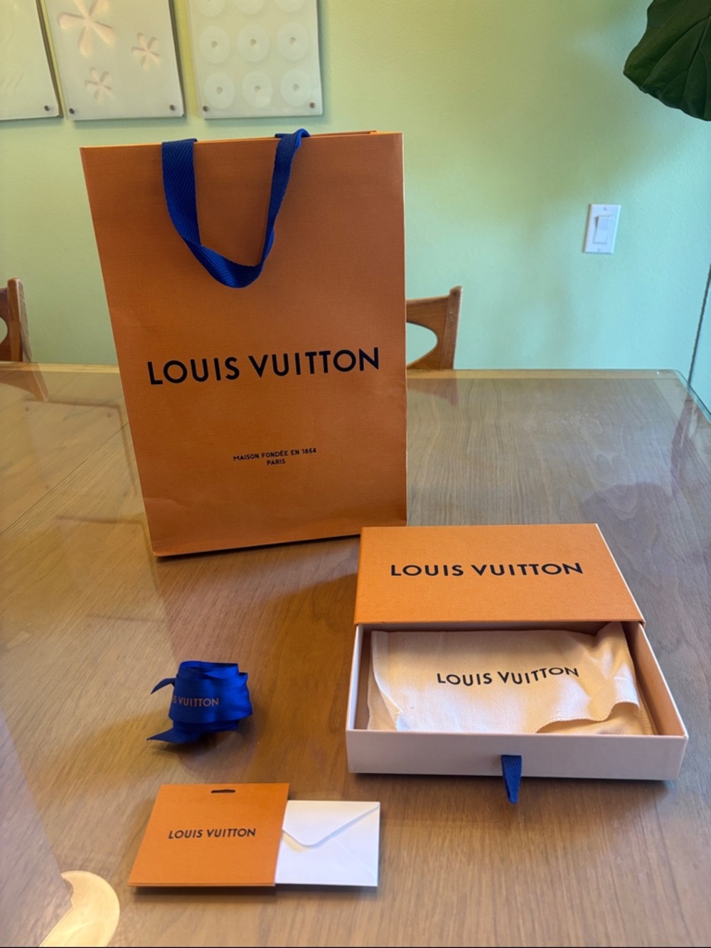 Louis Vuitton Orange Box & Shopping Bag with Blue Accents